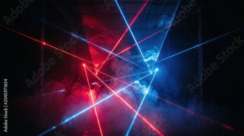 Vibrant red and blue laser beams intersecting through thick smoke in a dark, mysterious room. Feeling of futuristic technology and dynamic energy.