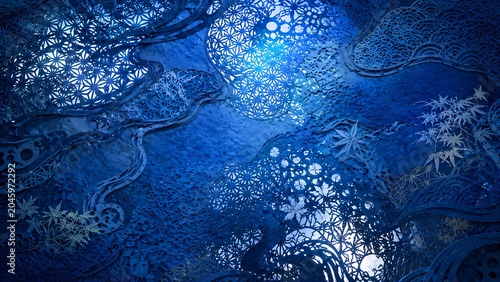Abstract deep blue Japanese traditional papercut background with elegant geometric patterns and copy space