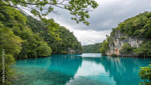 Clear blue lagoon surrounded by cliffs and greenery