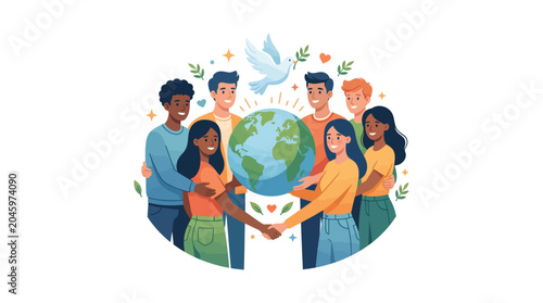 Картината върху платно Illustration of diverse people joining hands around the Earth with a dove, conveying unity and peace in a colorful, flat design with a clean white background