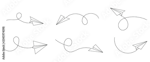 Paper planes vector icon set with dotted line on white background. Outlines of paper airplanes flying from different angles and directions. Travel, Message, Mail symbols. Vector illustration.