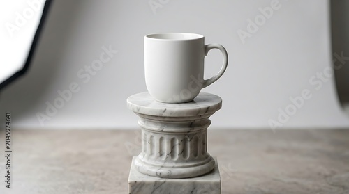 Minimalist white ceramic mug elegantly presented on a classical marble pedestal, captured in soft studio lighting with a clean, modern aesthetic.