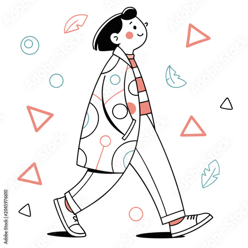Friendly Flat Cartoon Character Vector Illustration with Geometric and Organic Shapes in Pastel Coral and Aquamarine - Modern Editorial Style