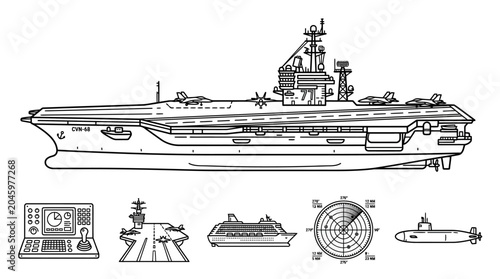 Schilderij op canvas Line drawing of a large aircraft carrier with various naval ship components and equipment illustrated below it