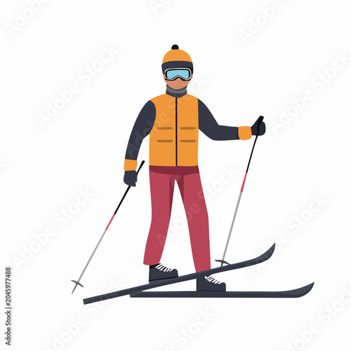 Skier with ski poles and skis