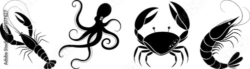 Bild auf Leinwand Seafood Icon Set With Lobster, Octopus, Crab and Shrimp Silhouettes