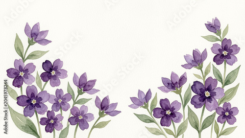 Delicate watercolor purple flower border with green leaves on textured white paper, elegant botanical frame with soft floral corners and copy space.