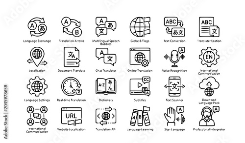 Schilderij op canvas Black and white translation icons with language switch and multilingual communic