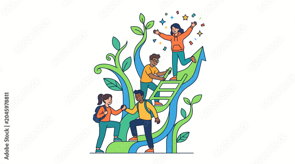 Fototapeta premium Illustration of diverse people climbing a stylized green and blue staircase with leaves, conveying growth and teamwork in a vibrant and playful style.