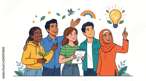 Bild auf Leinwand Diverse group of people pointing upwards in unison with a lightbulb and rainbow above them in a vibrant, illustrative style against a clean white background