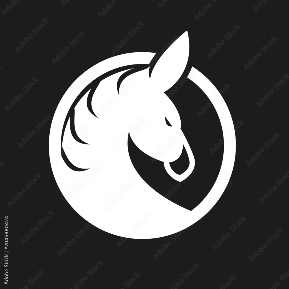 Naklejka premium Stylized white llama or alpaca head logo icon in a simple circular shape, presenting a minimalist animal mascot design on a black background.
