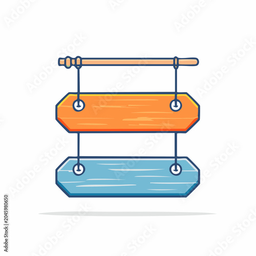 Two hanging wooden signposts, orange and blue, on white background