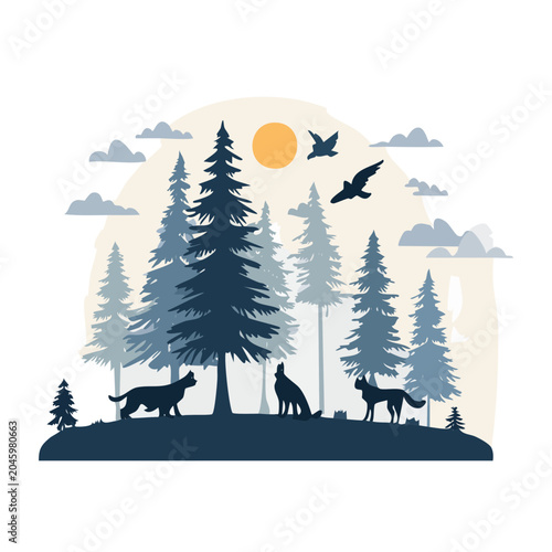 Wolves howling in a blue pine forest with sun and birds