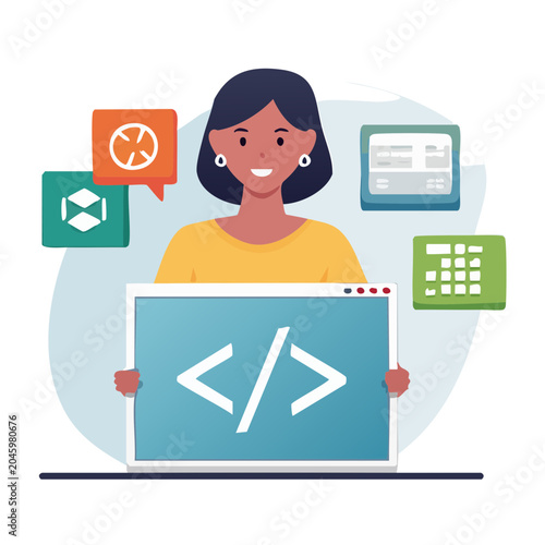 Woman programmer with coding symbols and app icons
