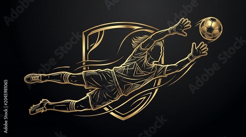 Golden illustration of soccer player diving to catch ball in mid air motion