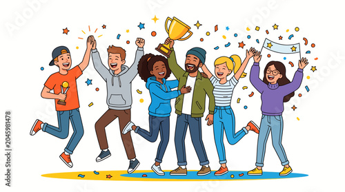 Foto Group of diverse people celebrating with confetti and awards in a lively scene with a joyful mood