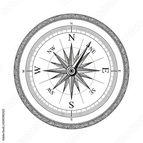 Detailed compass illustration with cardinal directions and star design isolated