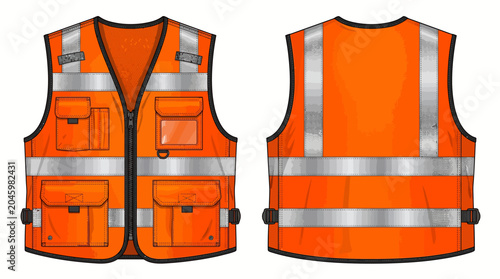 Bild auf Leinwand High-visibility orange safety vest with reflective strips and multiple pockets on a white background, front and back view