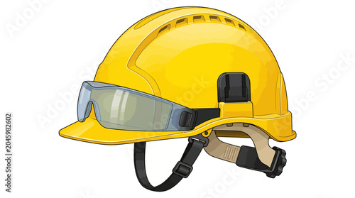 Photos Yellow hard hat with safety goggles on a white background, featuring a chin strap and ventilation holes