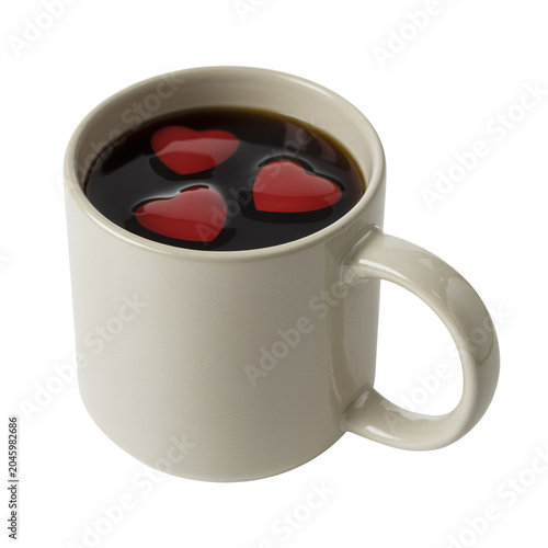Mug with three strawberries and dark liquid isolated on transparent background