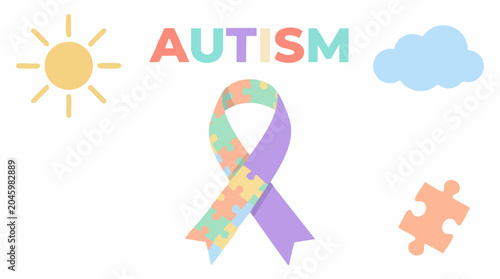 Fotografija Autism awareness graphic with colorful puzzle ribbon and pastel elements