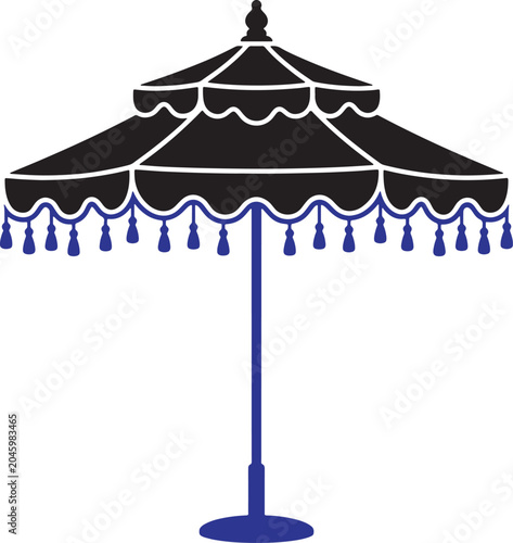 Black parasol silhouette with scalloped edges and tassels on a white background
