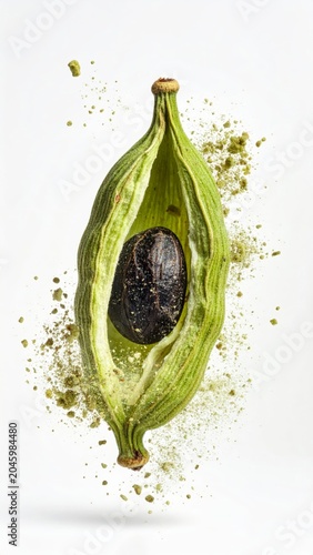 Dynamic macro shot of fresh green cardamom pod bursting in mid air with flying seed