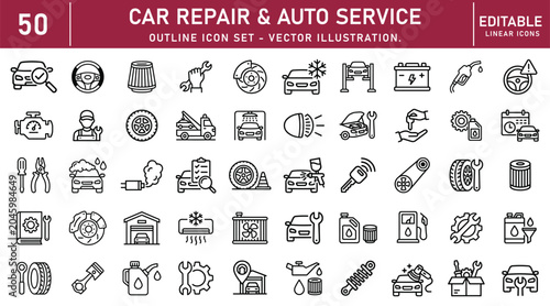 Car repair auto service outline icon set in line style. Vehicle maintenance, Mechanic tools, Automobile diagnostics, Garage service and Engine repair simple symbol sign. vector illustration.