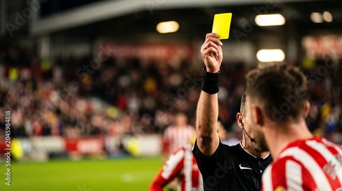 Referee holding up a yellow card during a soccer match with a player in the foreground