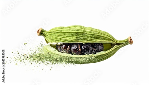 Dynamic macro shot of fresh green cardamom pod bursting in mid air with flying seed