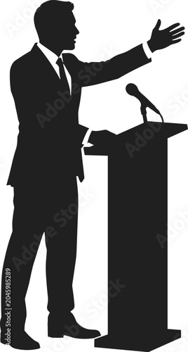 Canvastavla Silhouette of a man in a suit speaking at a podium with a microphone