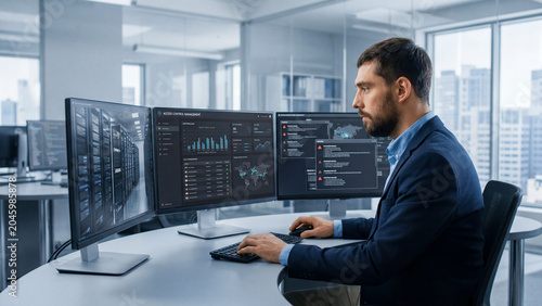 Business professional working on multiple computer monitors with data charts and code in modern office environment