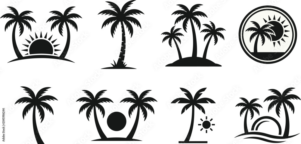 Fototapeta premium Collection of black silhouette palm trees and sun on white background, tropical beach