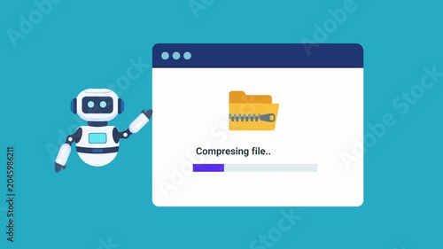 Animated robot assistant presenting a file compression interface with progress indicator and archive folder icon. Looping motion graphic ideal for data compression, file management, and technology con