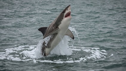 Great White Shark Breaching Ocean Water Dynamic Marine Wildlife Photo