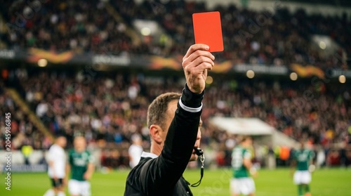 Referee holding up a red card during a soccer match in a stadium