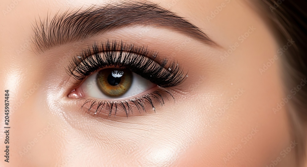 Naklejka premium Closeup of a womans eye with long eyelashes and groomed eyebrows