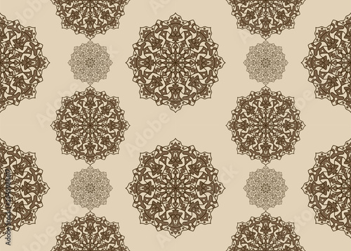 Abstract mandala pattern  seamless featuring brown floral elements on beige background use for fabric, textile, clothing, carpet, wallpaper, backdrop, cloth bag ,home decoration elements.