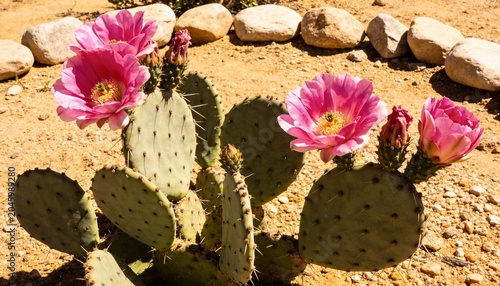 Blooming cactus with vibrant pink flowers in desert sand