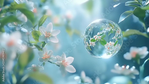 Delicate flowers and a bubble in a serene garden