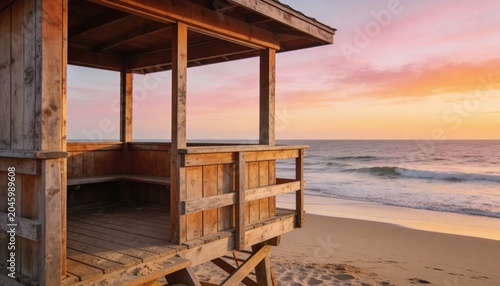 Wood beach cabana with ocean view at sunset