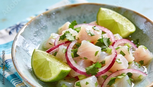 Fresh seafood ceviche bowl with lime and herbs