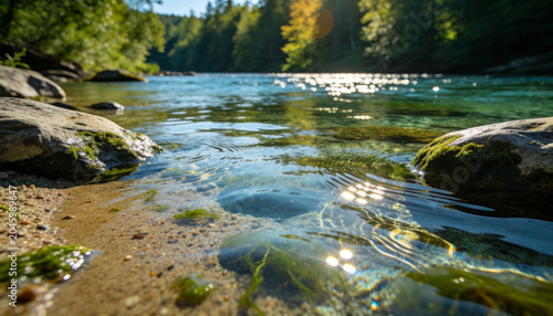 Forest river with smooth rocks and sparkling highlights