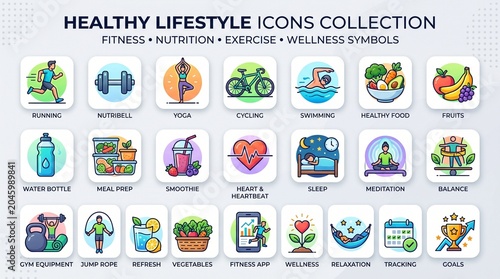 Healthy Lifestyle Icons Collection Featuring Fitness, Nutrition, Exercise, and Wellness Symbols