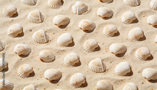 Pattern of white seashells covering pale sand