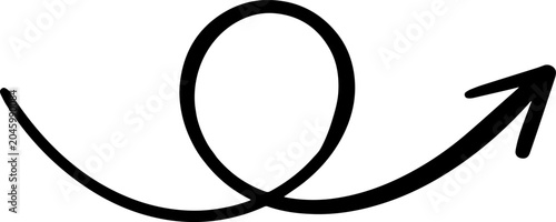Hand drawn abstract black marker line sketch of a looping directional curved arrow path isolated on a plain white background