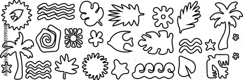 Summer beach doodle collection with palms shells starfish and ocean waves.