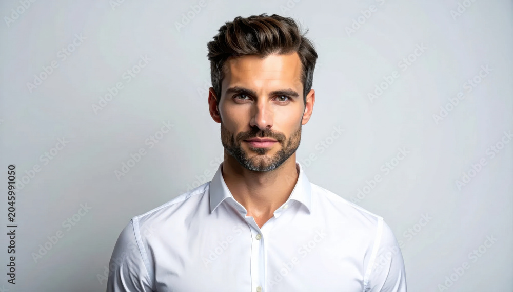 Obraz premium Portrait man white shirt studio headshot adult male dark hair beard clean background confident