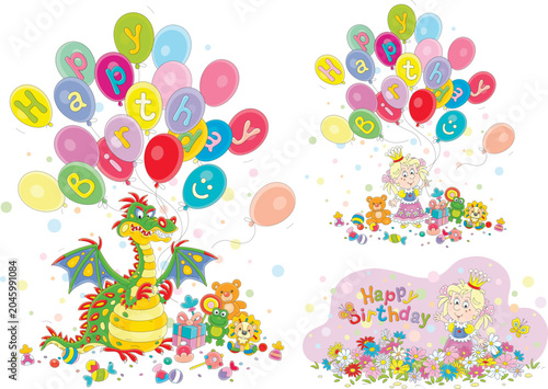 Happy birthday cards with a funny dragon and a cute little princess, a set of vector cartoon illustrations isolated on a white background