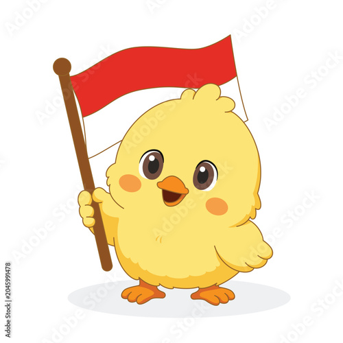 Cute Chick Holding Indonesian Flag for Indonesia Independence Day Celebration Vector Illustration